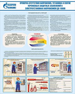 Стенд Проверка отсутствия напряжения, установка и снятие переносных защитных заземлений в электроустановках напряжением до 1000В, плакат, логотип, голубой фон (800х1 000; Пластик ПВХ 4 мм; Алюминиевый профиль)